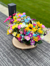 Load image into Gallery viewer, Trug Basket of Faux Sunflowers Rainbow Roses and Mixed Flowers