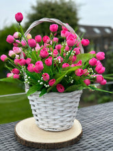 Load image into Gallery viewer, White Basket of Pink Faux Flowers