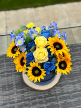 Load image into Gallery viewer, Blue Hatbox with Faux Sunflowers and Roses