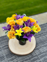 Load image into Gallery viewer, Large Purple and Yellow Faux Flower Gave Pot, Luxury Artificial Memorial Flowers