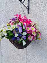 Load image into Gallery viewer, Faux Morning Glory Mixed Floral Hanging Basket
