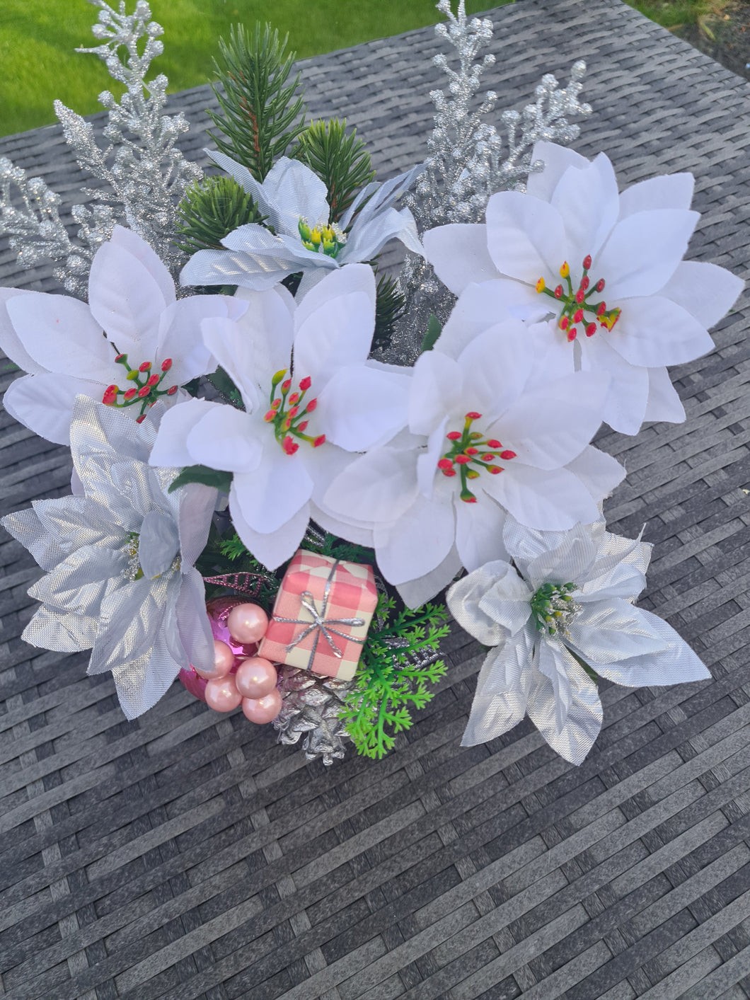 White and Silver Poinsettia Grave Pot Christmas Poinsettia Memorial
