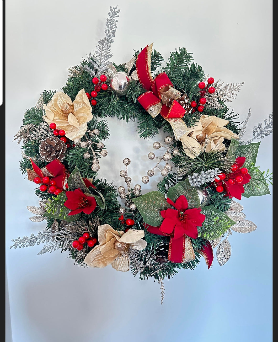 Large Christmas Door Wreath poinsettia and Magnolia 50cm Door Hanger