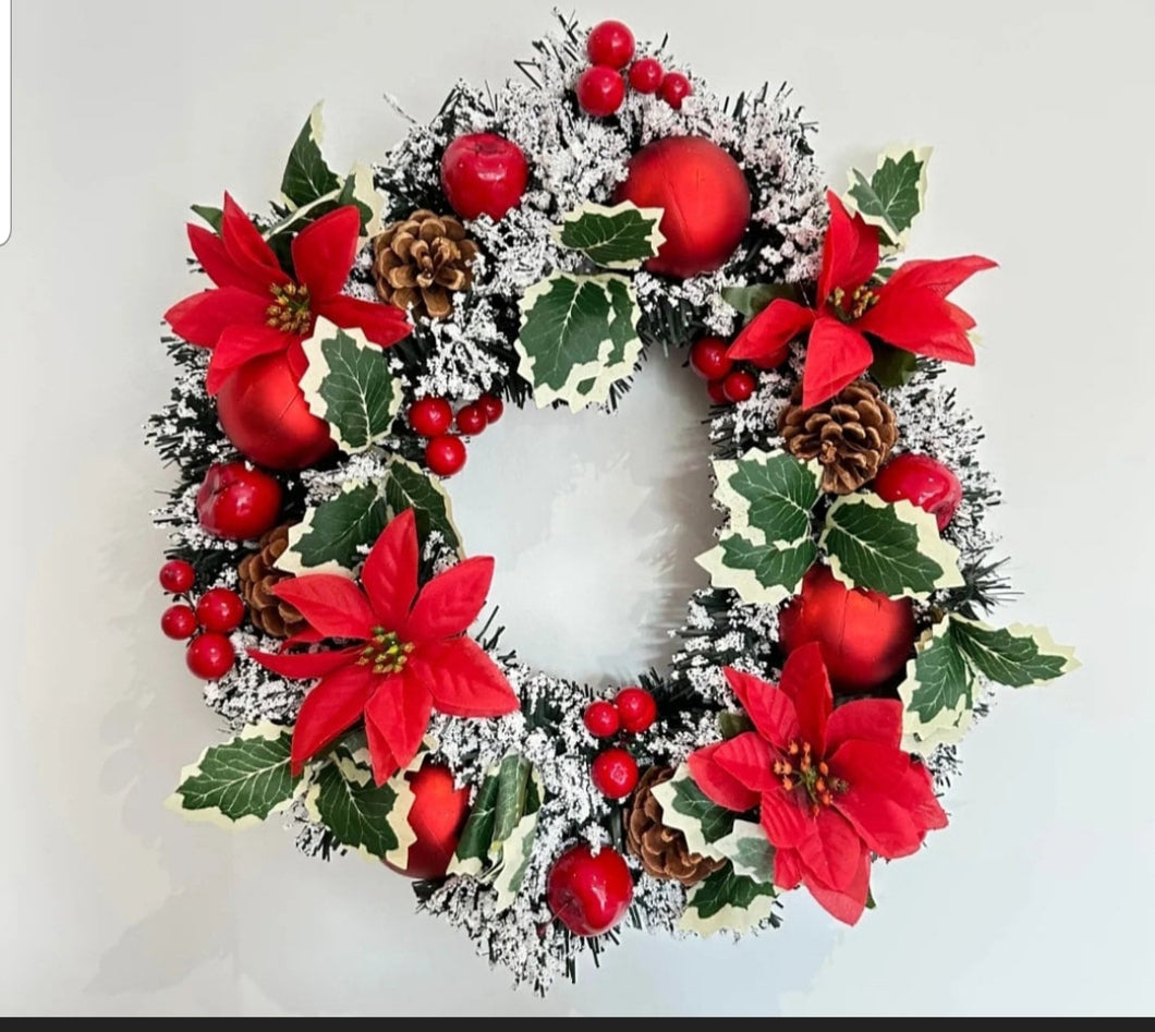 40cm Snow Spruce and Holly Christmas Wreath