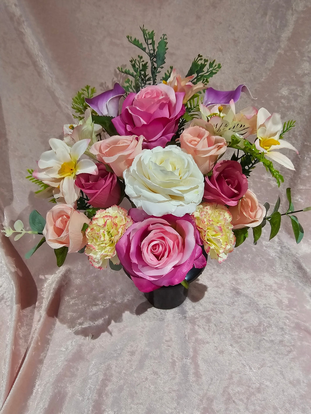 Large Faux Rose and Carnation Grave Pot , Pink and Cream Memorial Flowers