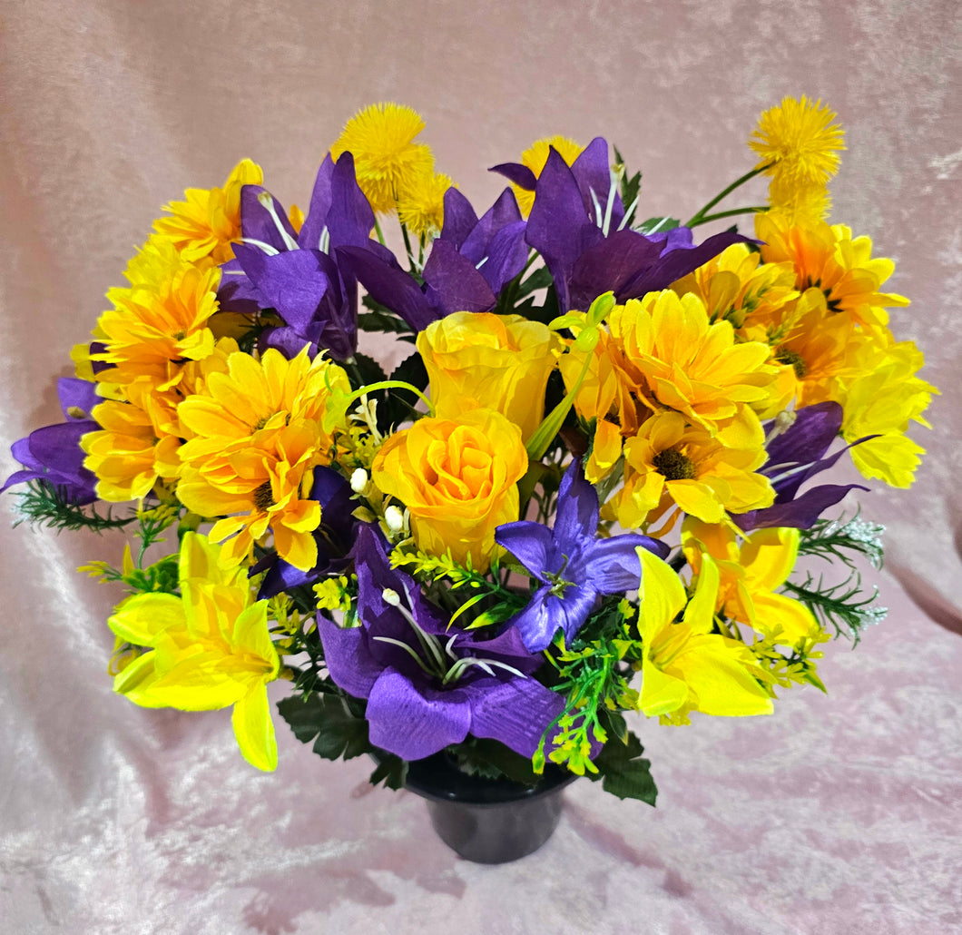 Large Purple and Yellow Faux Flower Gave Pot, Luxury Artificial  Memorial Flowers