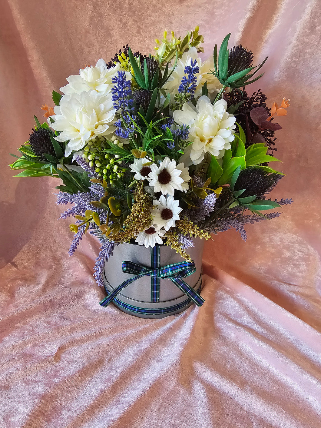 Thistle and Tartan Hatbox with Silk Floral and Foliage