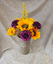 Load image into Gallery viewer, Sunflower and Dahlia Floral Display in zinc vase
