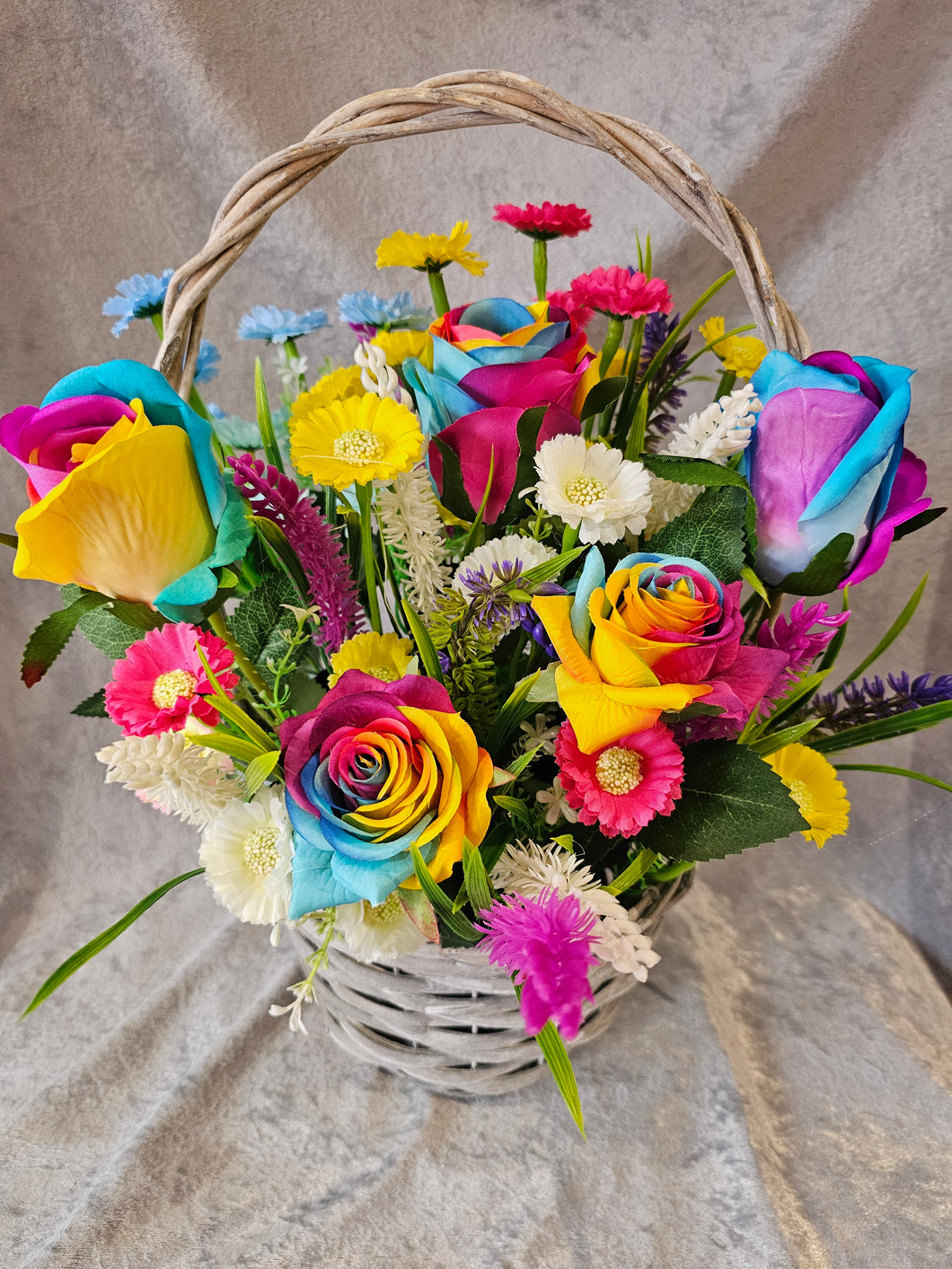 Rainbow Rose and Mixed Floral in Grey Basket