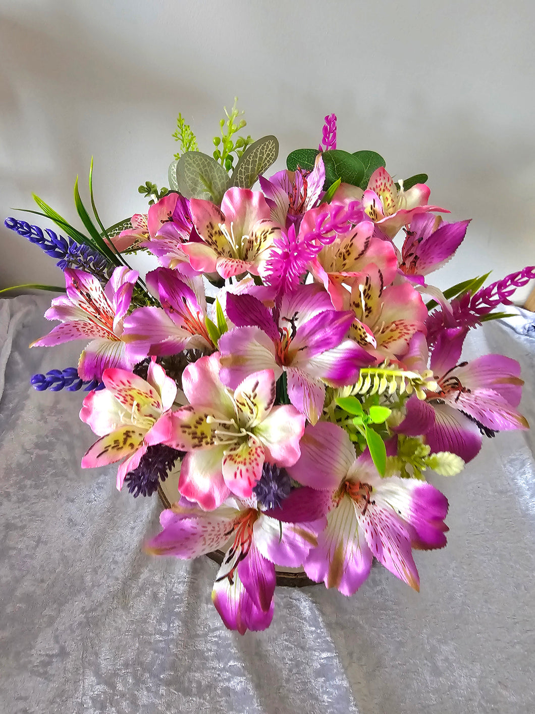 Pink Silk Alstroemeria Cemetery Flowers / Mixed Pink Grave Pot