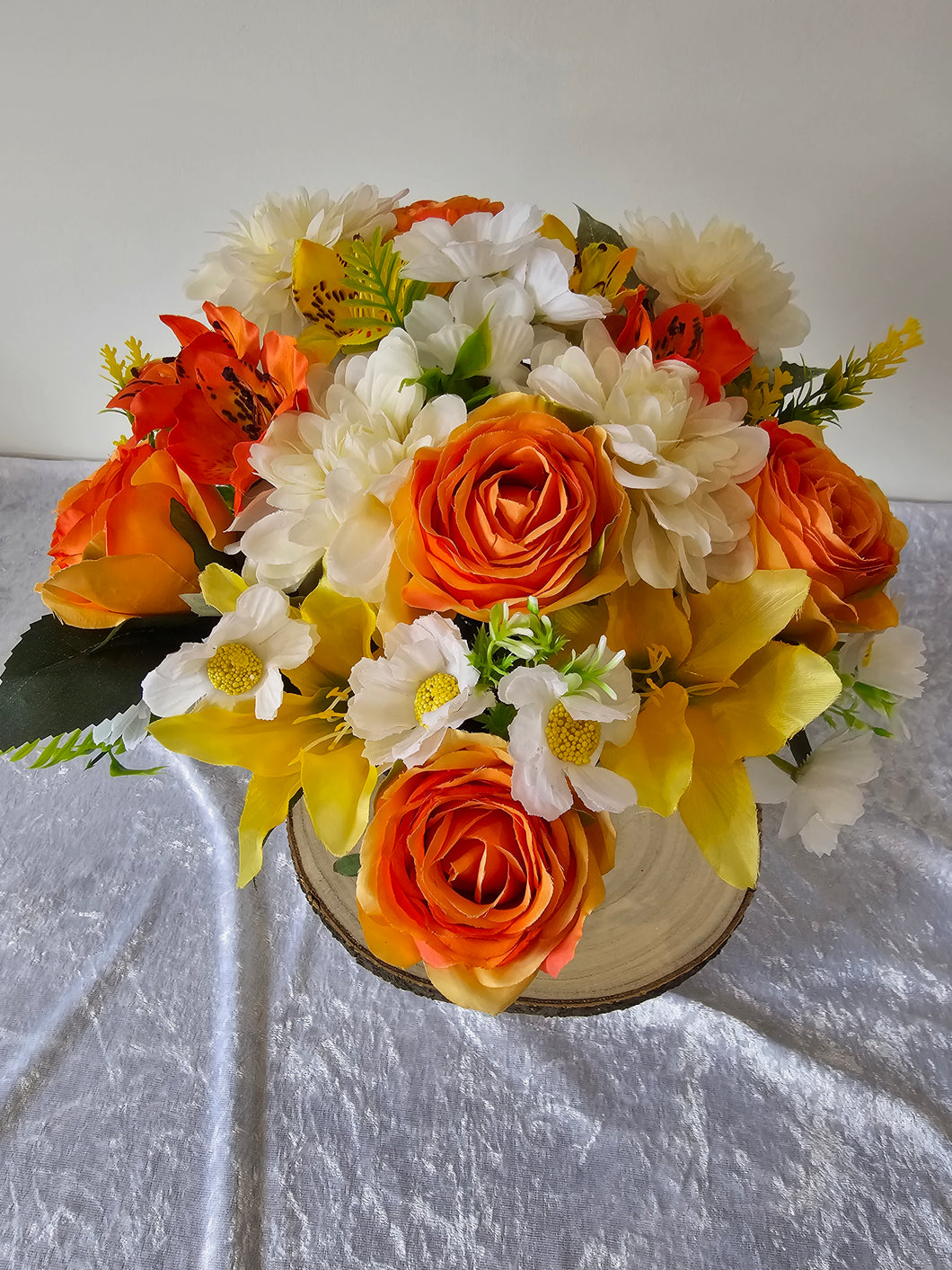 Silk Orange Yellow and White Mixed Floral Memorial Grave Pot