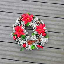 Load image into Gallery viewer, This 30cm memorial wreath with snowy fir, red poinsettia, Robin, Christmas Grave Wreath
