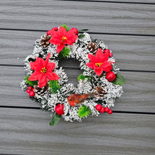 Load image into Gallery viewer, This 30cm memorial wreath with snowy fir, red poinsettia, Robin, Christmas Grave Wreath
