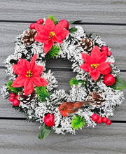 Load image into Gallery viewer, This 30cm memorial wreath with snowy fir, red poinsettia, Robin, Christmas Grave Wreath

