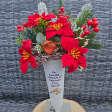 Load image into Gallery viewer, Christmas Poinsettia and Robin In Loving Memory Memorial Spiked Vase
