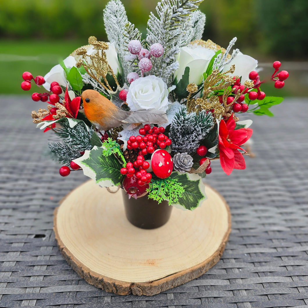 Artificial Robin and Floral Memorial Grave Pot