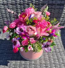 Load image into Gallery viewer, Mixed Pink Faux Flower Bouquet in Diamanté Hatbox
