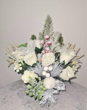 Load image into Gallery viewer, Artificial White Christmas Winter Rose and Foliage Memorial Grave Pot Cemetery Faux Xmas Flowers

