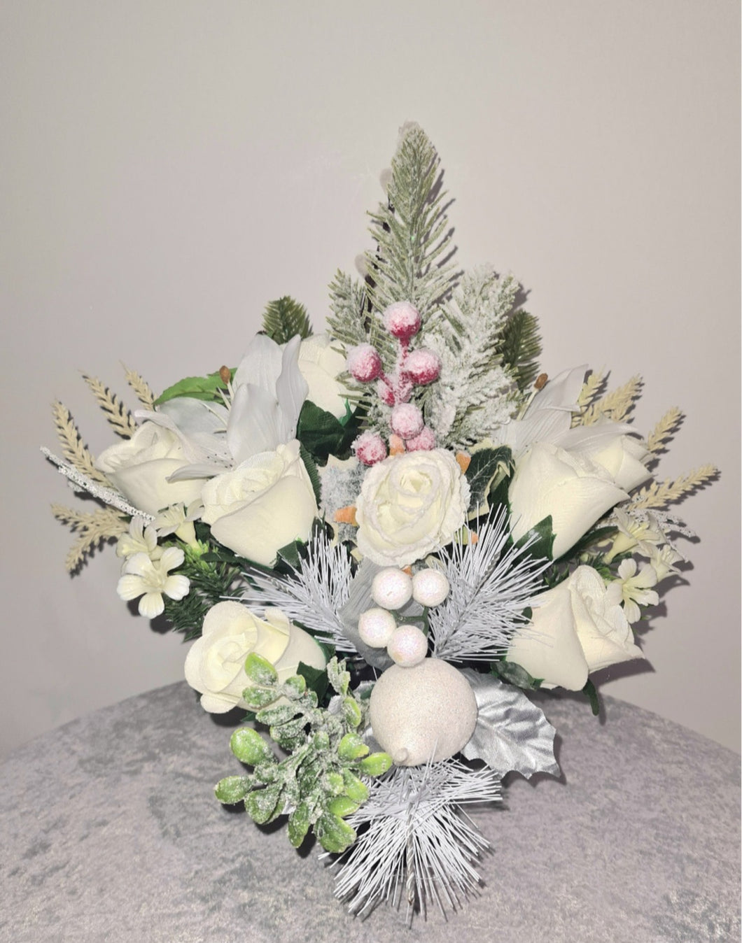 Artificial White Christmas Winter Rose and Foliage Memorial Grave Pot Cemetery Faux Xmas Flowers