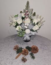 Load image into Gallery viewer, Artificial White Christmas Winter Rose and Foliage Memorial Grave Pot Cemetery Faux Xmas Flowers
