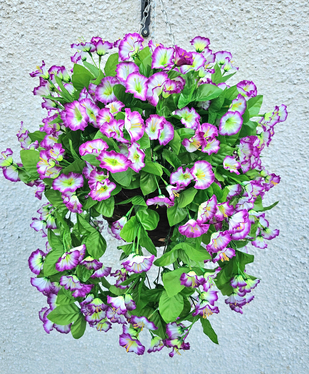 Artificial Morning Glory Hanging Basket Lilac and White Garden Decor