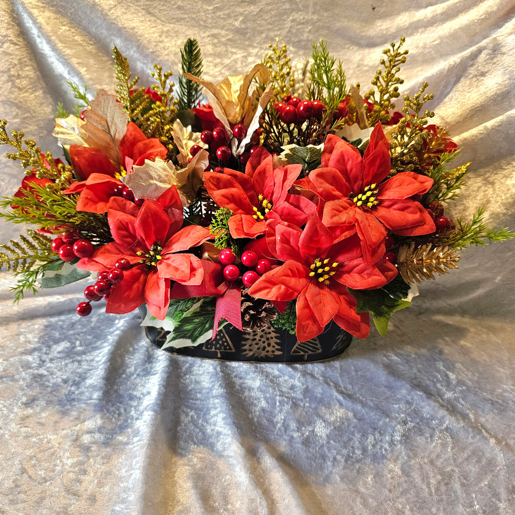 Luxury Handmade Black and Gold Planter with Poinsettia and Foliage