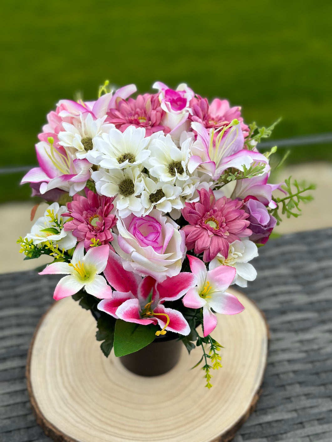 Pink and White Mixed Silk Floral Grave Pot / Memorial Flowers