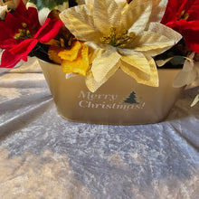 Load image into Gallery viewer, Luxury Christmas Poinsettia Home Decor Gold Planter.  Red, White and Gold Christmas Floral Display Christmas Centrepiece
