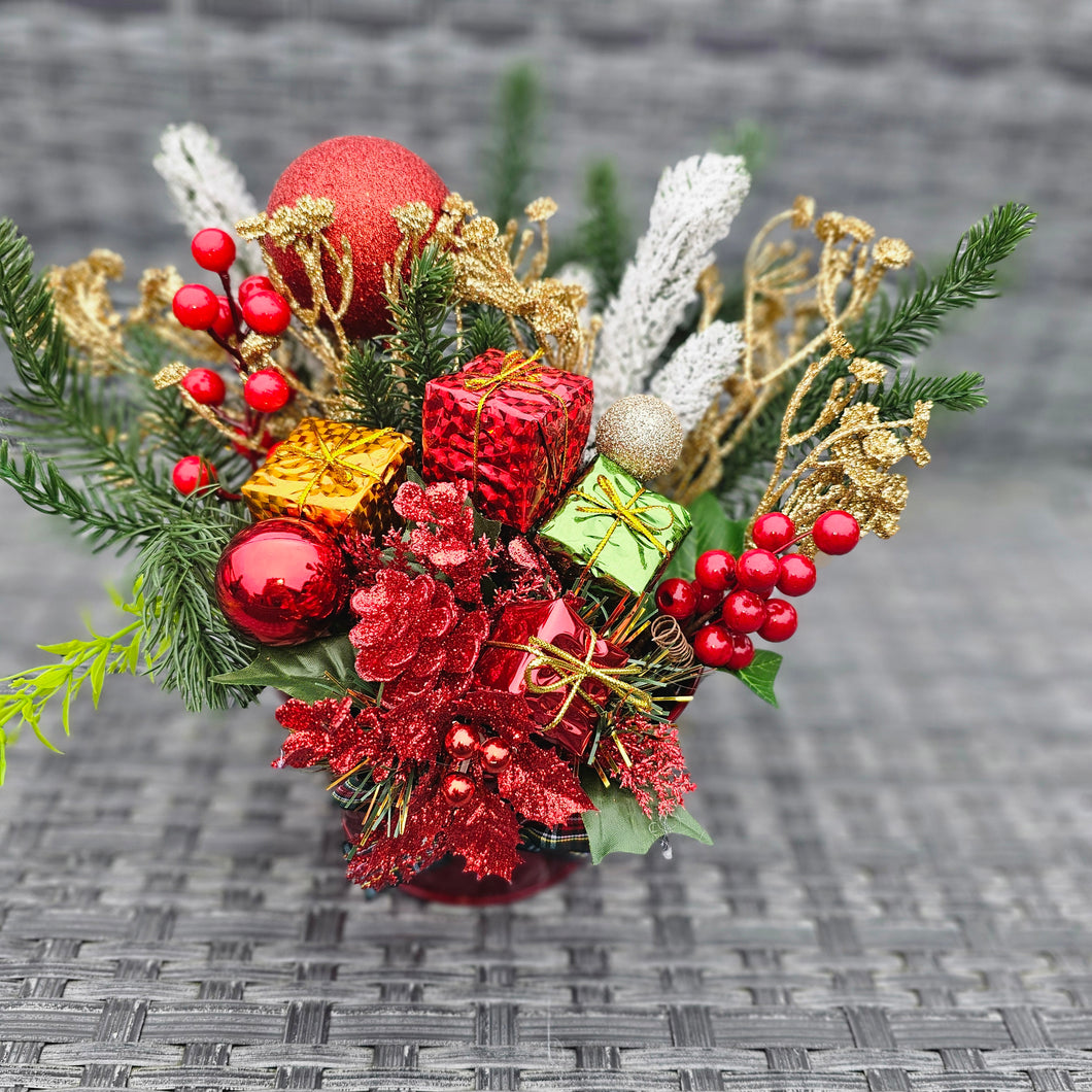 Red Christmas Planter with Festive Foliage and Baubles Mixed Xmas Centrpiece