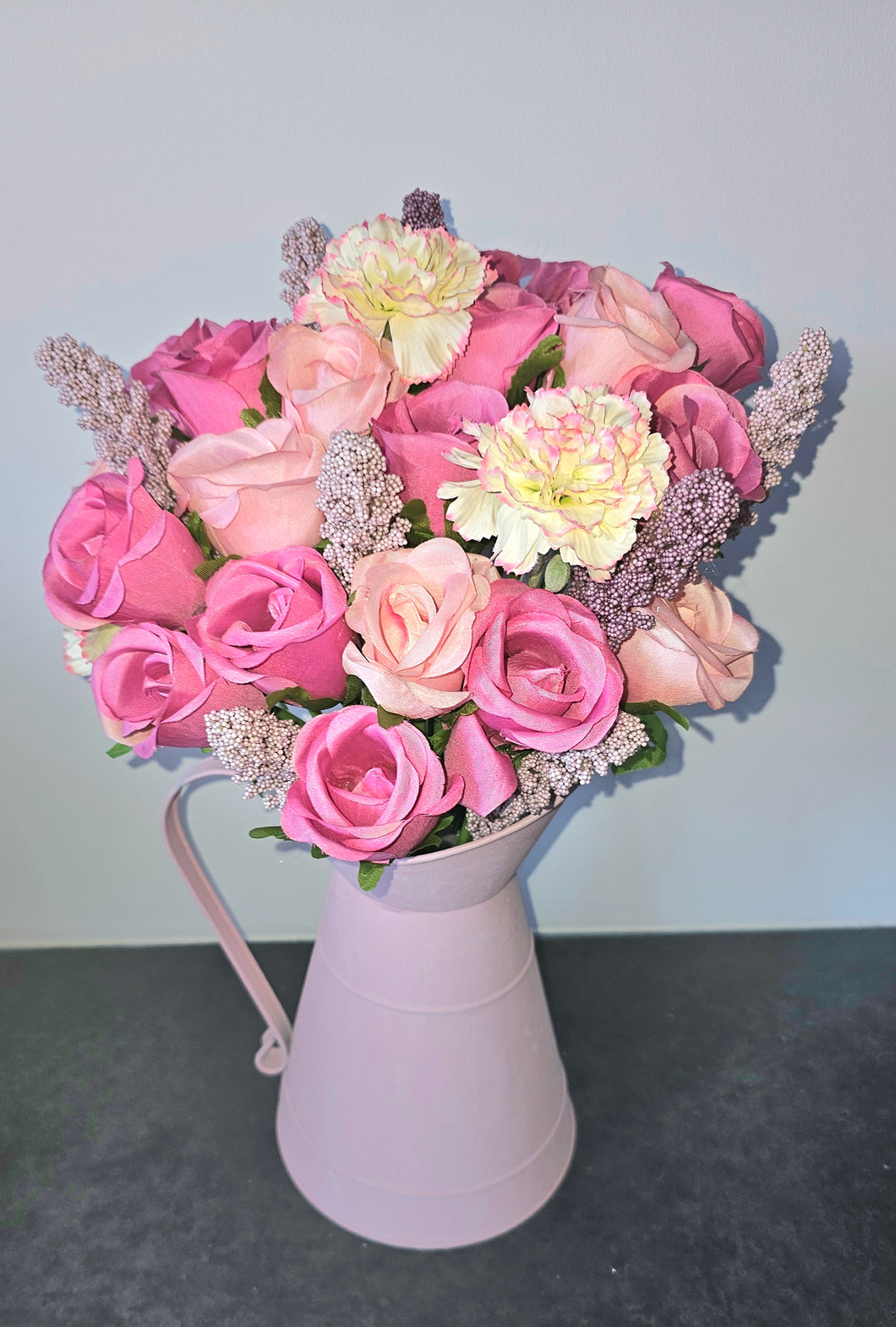 Large Pink Artificial Rose Bouquet in Pink Zinc Jug