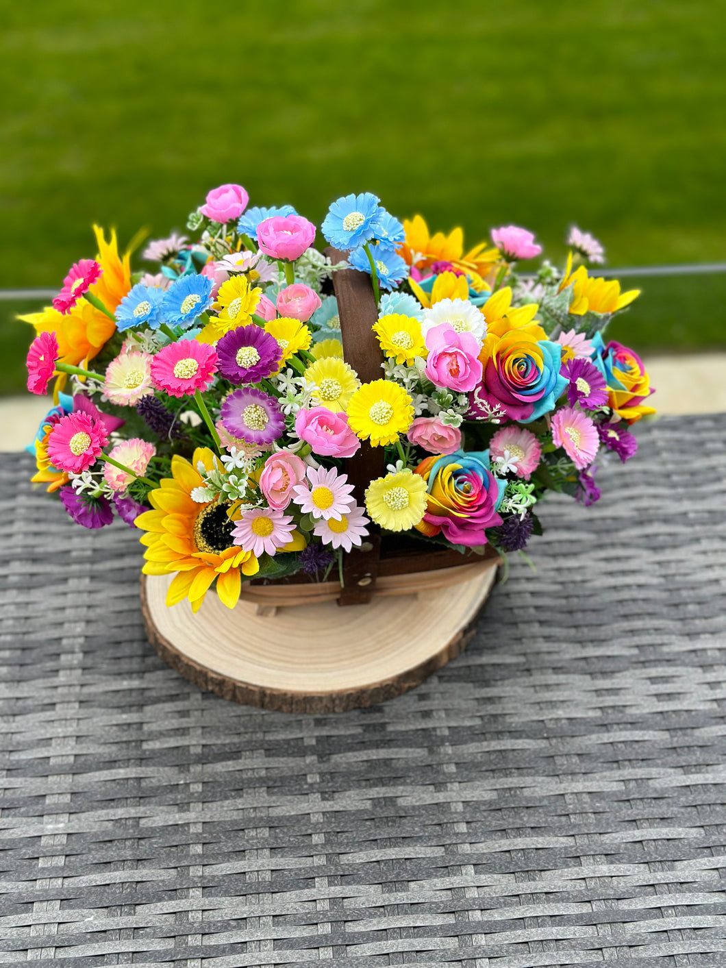 Trug Basket of Faux Sunflowers Rainbow Roses and Mixed Flowers