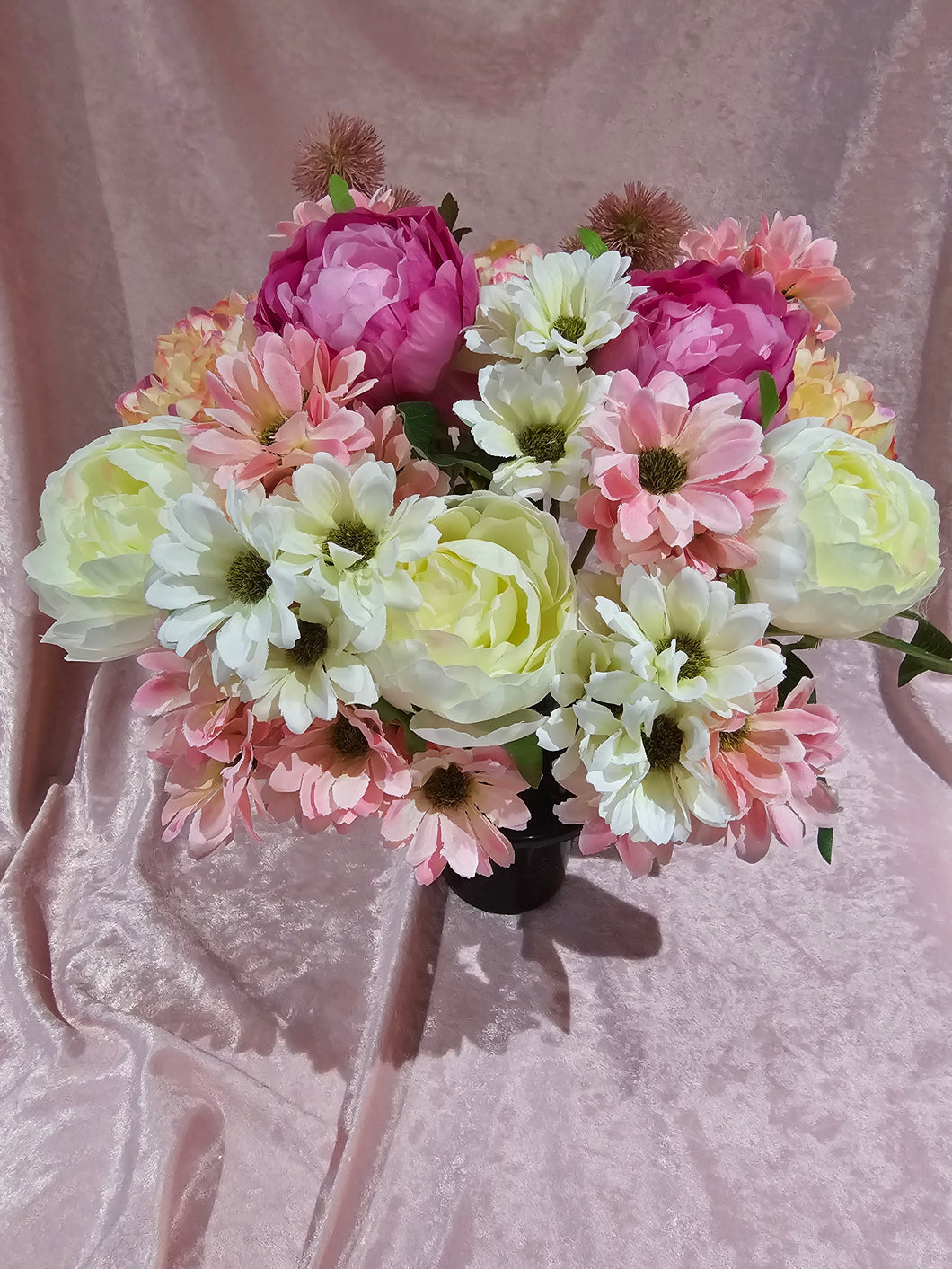 XL Artificial Memorial Pot / pink and Cream Peony and Gerbera Cemetery Flowers