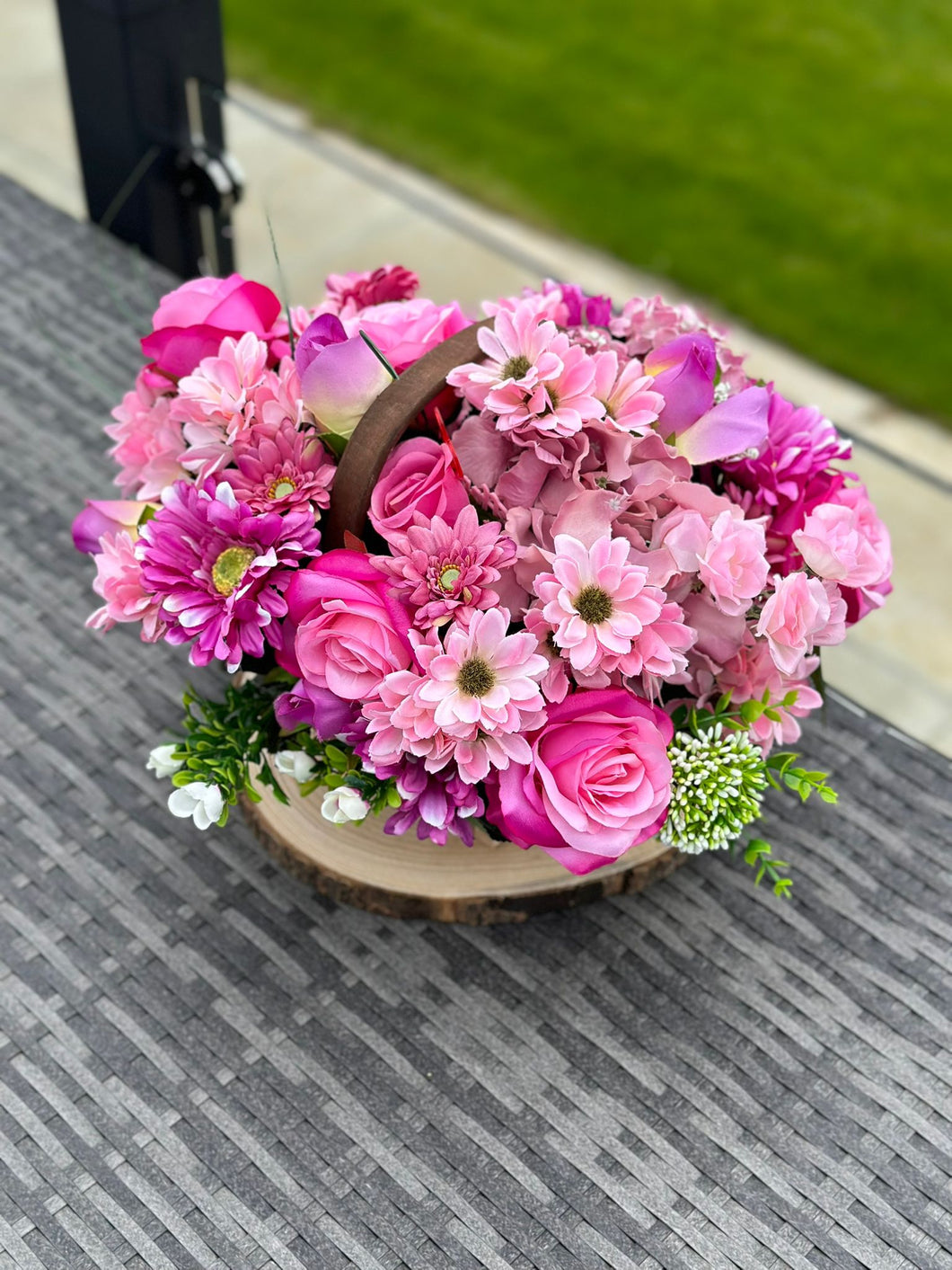 Mixed Pink Faux Flower Bouquet in Large Trug Basket