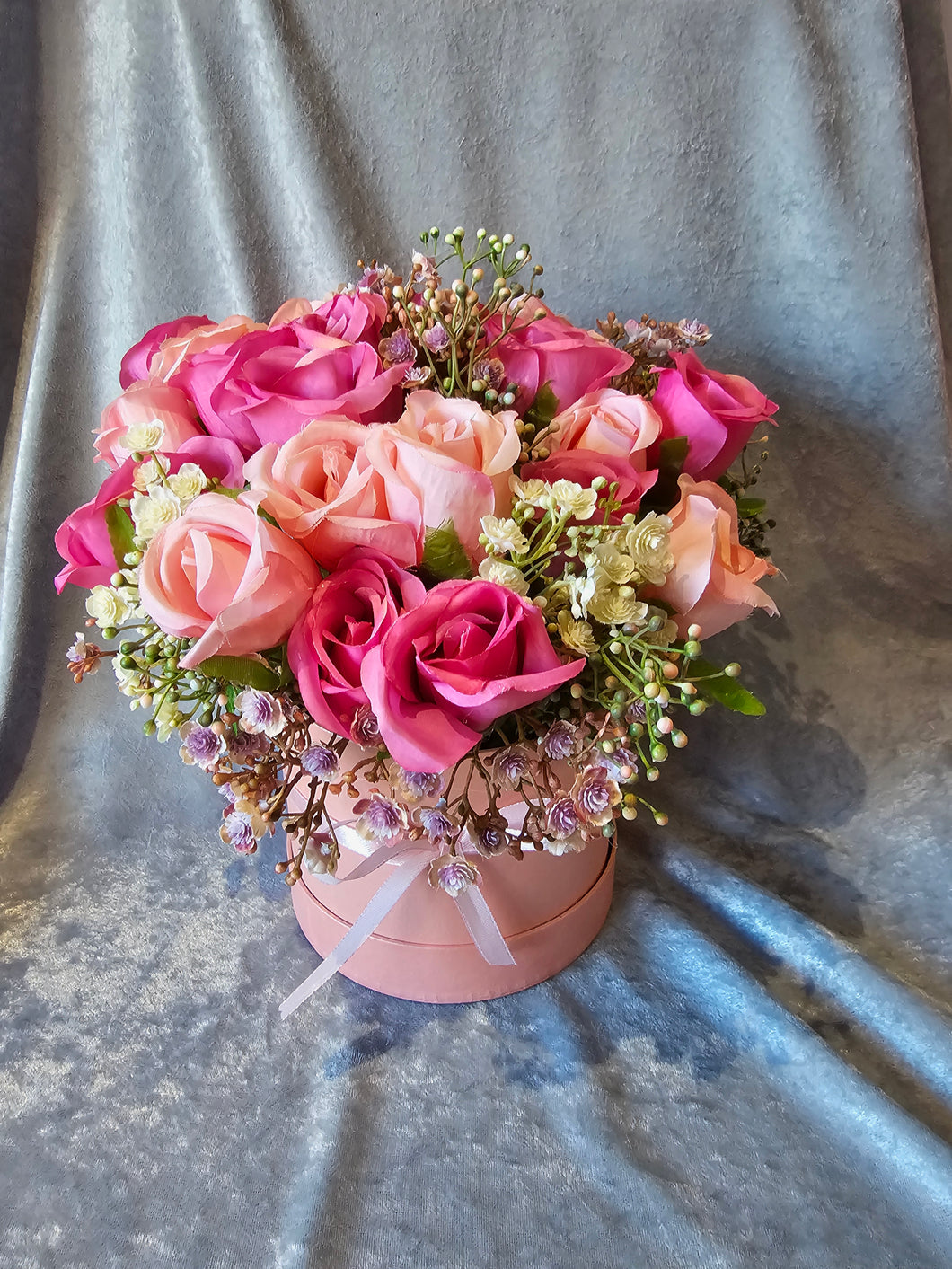 Artificial Pink Rose Floral Display in Pink Hatbox