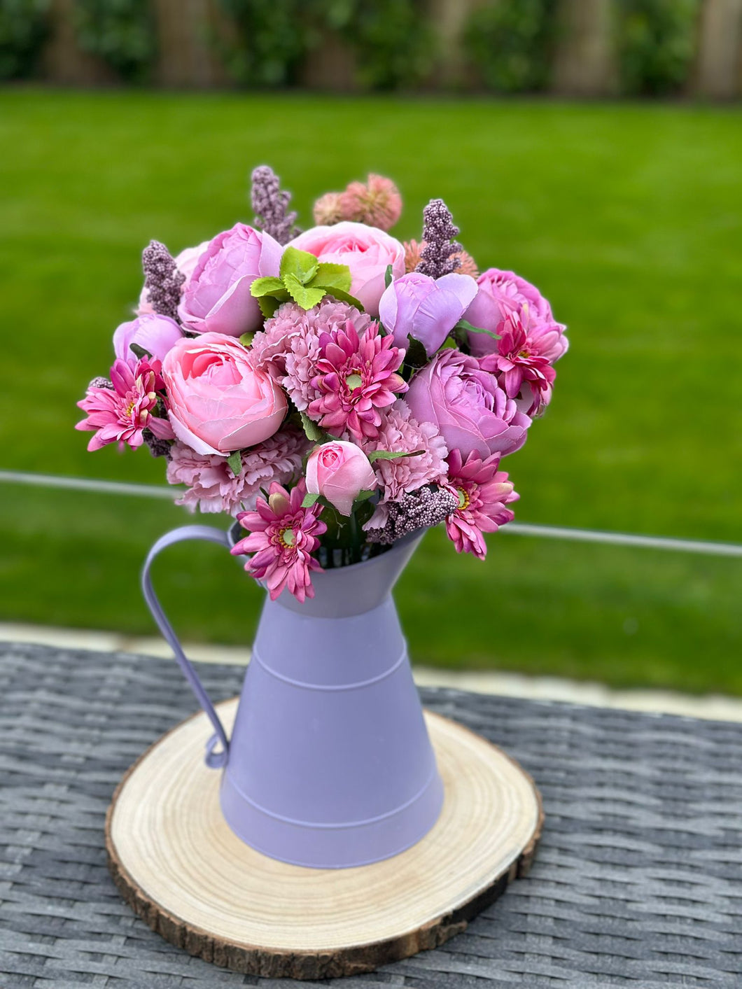 Peony and Carnation Faux Flowers in Lilac Jug