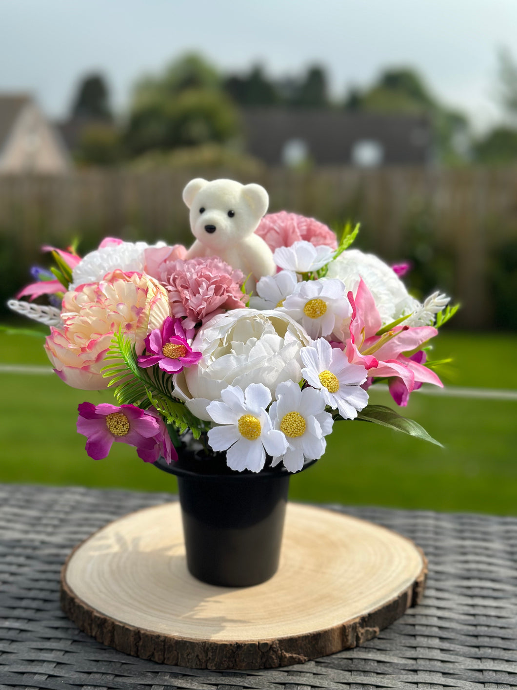 Pink Faux Flower Child Grave Pot With Teddy  Girls Memorial Flowers