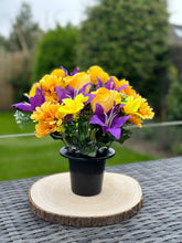 Load image into Gallery viewer, Large Purple and Yellow Faux Flower Gave Pot, Luxury Artificial  Memorial Flowers
