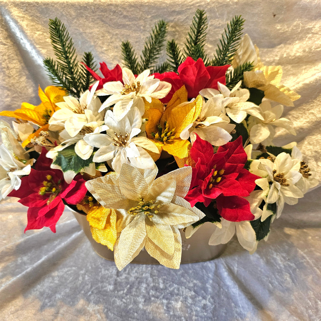 Luxury Christmas Poinsettia Home Decor Gold Planter.  Red, White and Gold Christmas Floral Display Christmas Centrepiece