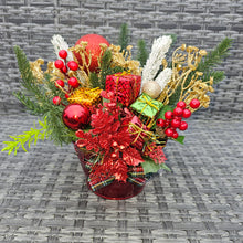 Load image into Gallery viewer, Red Christmas Planter with Festive Foliage and Baubles Mixed Xmas Centrpiece
