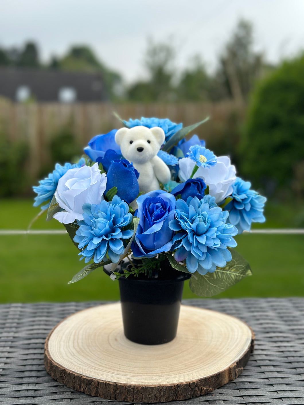 Blue Floral Childs MemorialFlowers. Boys Grave Pot . Teddy Memorial