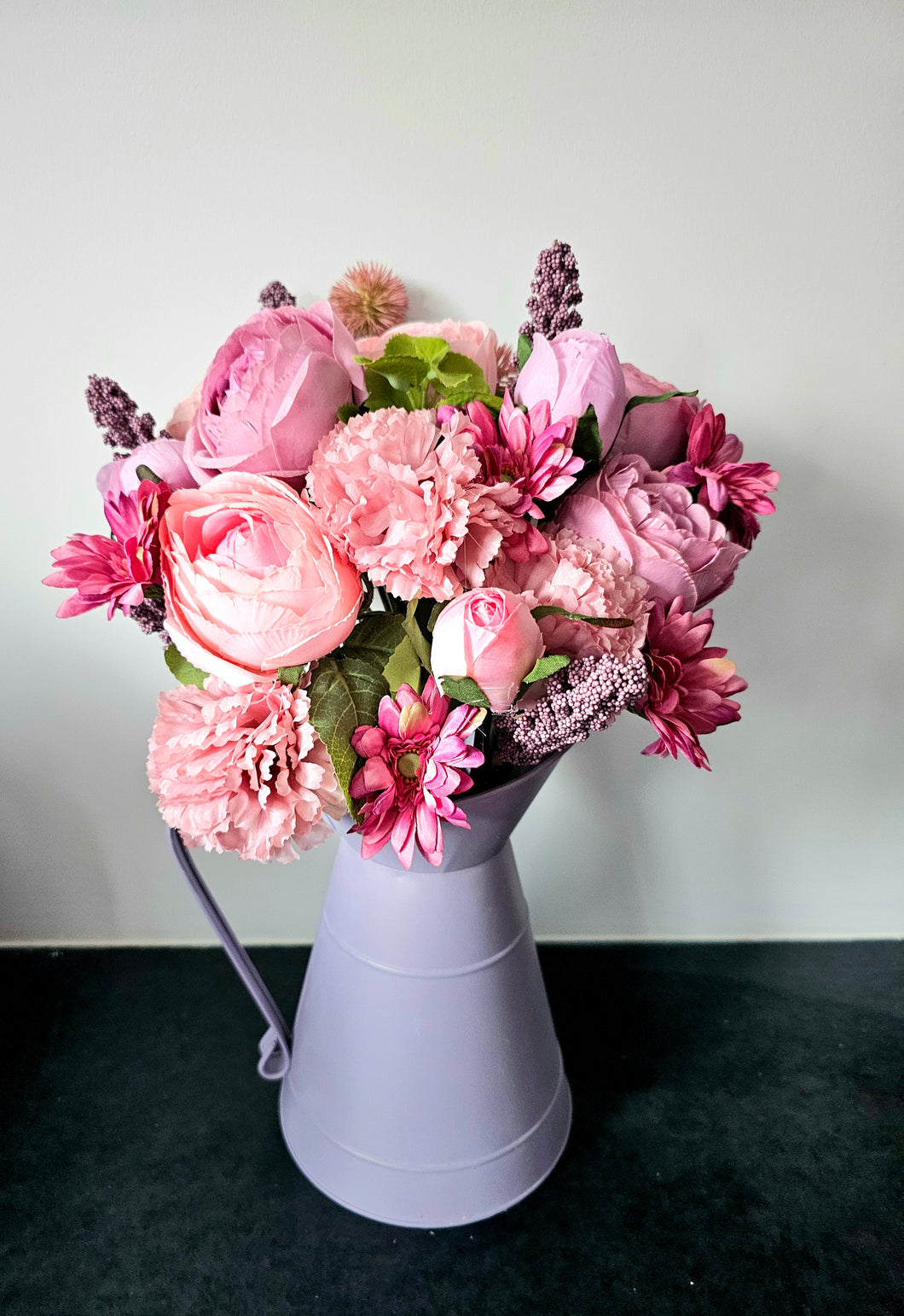 Peony and Carnation Faux Flowers in Lilac Jug