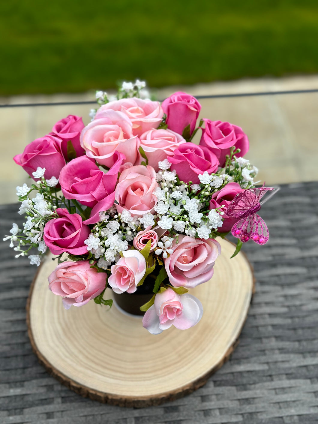 Pink  Silk Rose and Gypsophila Memorial Grave Pot