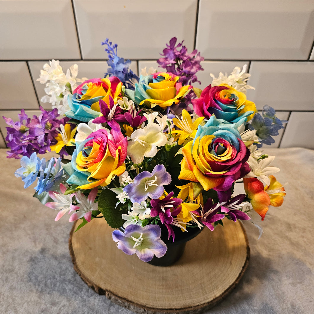 Rainbow Rose and Mixed Floral Memorial Grave Pot