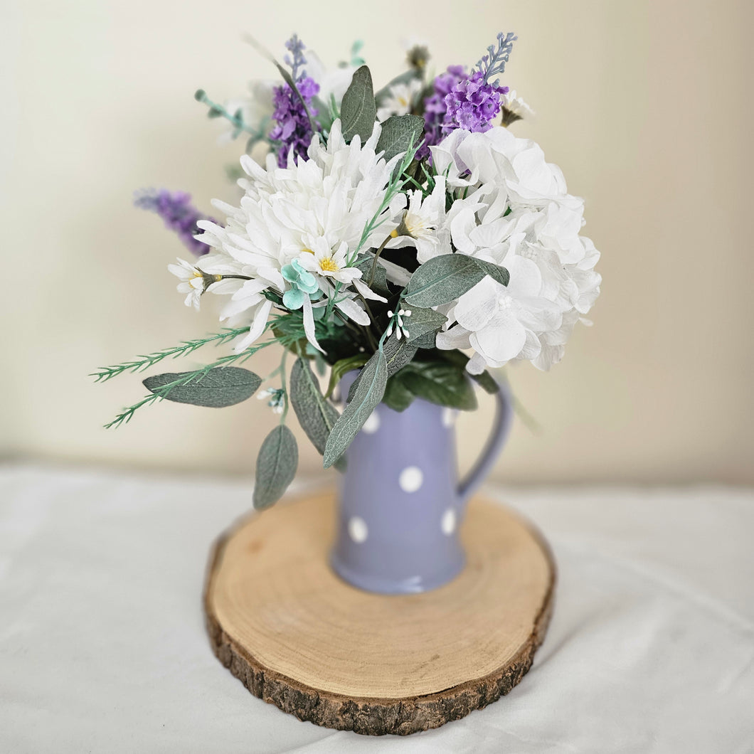 Ceramic Lilac Polka Jug with White Hydrangea and Lavender Silk Flowers