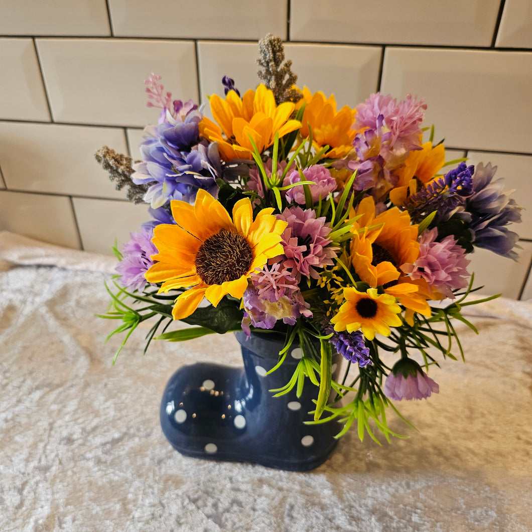 Ceramic Wellington Boot with Mixed Bouquet Faux Flowera
