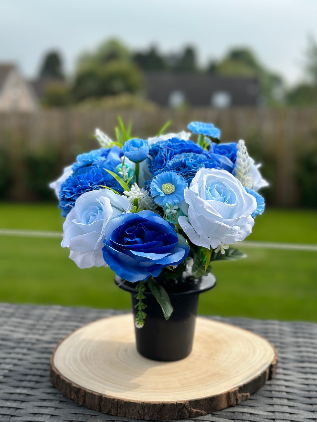 Silk Blue  Rose and Carnation Memorial Pot