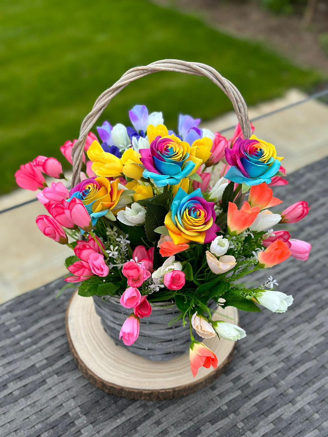 Rainbow Rose and Mixed Floral in Grey Basket