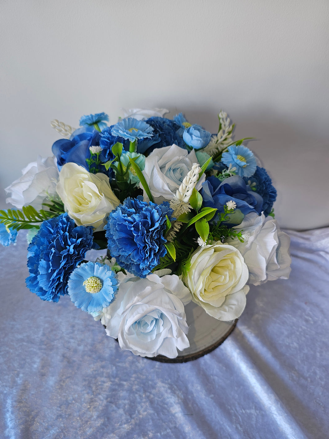 Silk Blue and White Rose and Carnation Memorial Pot