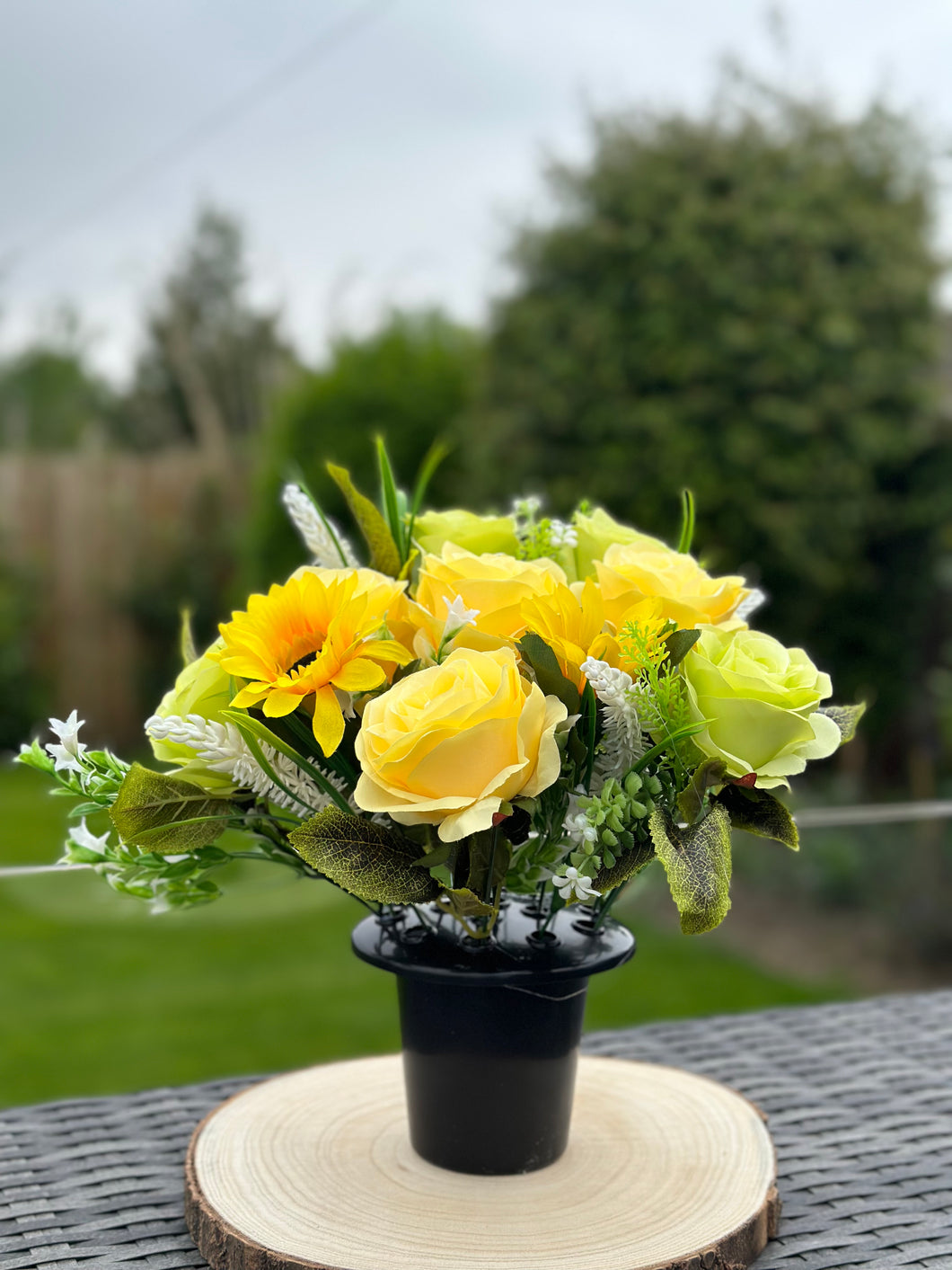 Silk Rose and Sunflower Memorial Pot Flowers