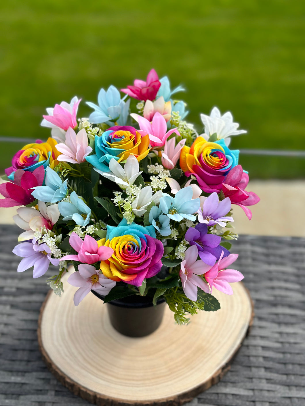 Rainbow Roses, Sunflowers and Memorial Grave Pot with A Mix of Colourful Flowers